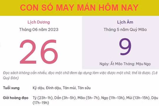 Con số may mắn hôm nay 26/6/2023 thứ 2, ngày 9/5 âm lịch