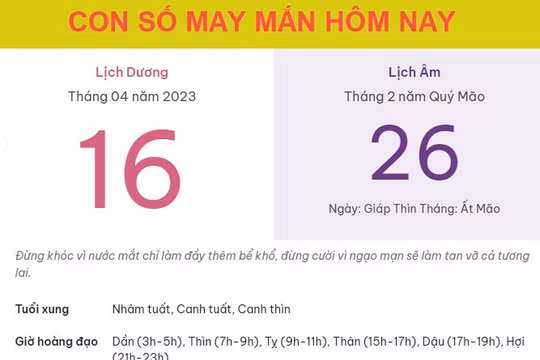 Con số may mắn hôm nay 16/4/2023 Chủ nhật, ngày 26/2 âm lịch