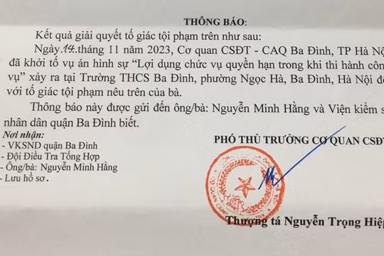 Khởi tố vụ án “Lợi dụng chức vụ quyền hạn trong khi thi hành công vụ” xảy ra tại Trường THCS Ba Đình