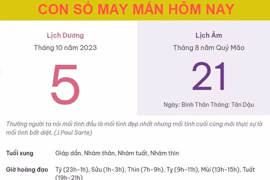 Con số may mắn hôm nay 5/10/2023 thứ 5, ngày 20/8 âm lịch