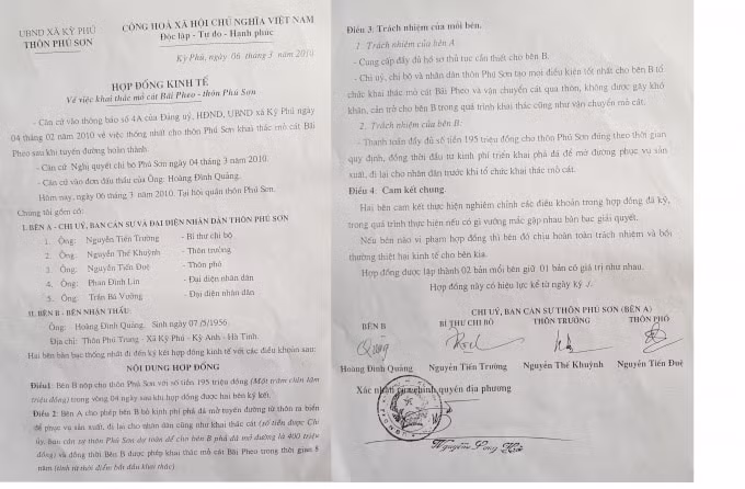 Trước sự chứng kiến của chính quyền địa phương xã Kỳ Phú, ông Quảng và thôn Phú Sơn đã ký bản hợp đồng kinh tế với các điều khoản trong hợp đồng nhưng xã Kỳ Phú lại phủ nhận, cho rằng số tiền trên là do ông Quảng và thôn Phú Sơn thỏa thuận, xã không biết vấn đề trên.