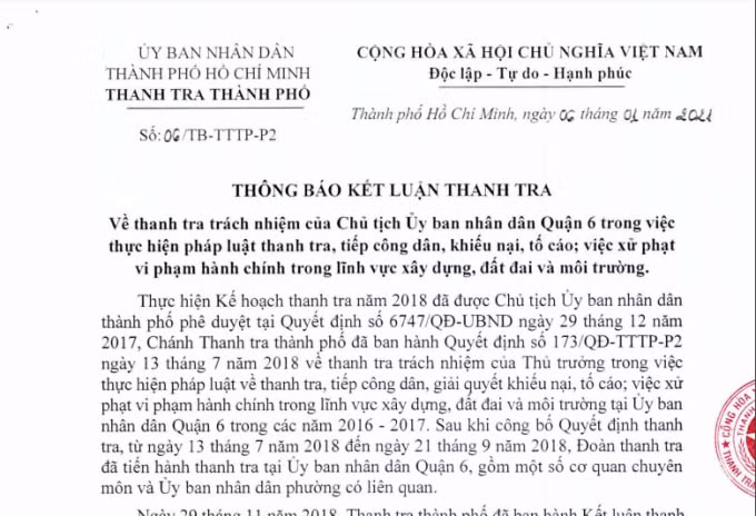 Thông báo kết luận thanh tra