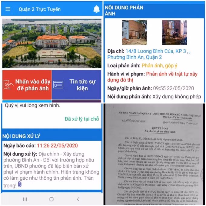 Xây dựng không phép được phản ánh đến UBND quận 2 thông qua kênh trực tuyến, tuy nhiên UBND quận 2 đã lấy thông tin từ Địa chính - Xây dựng phường Bình An để phủ nhận điều người dân phản ánh.