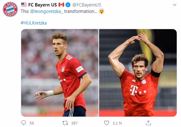 Sự khác biệt lớn về hình thể của Goretzka sau hơn 2 tháng nghỉ thi đấu vì dịch bệnh. Ảnh: twitter (FCBayernUS)