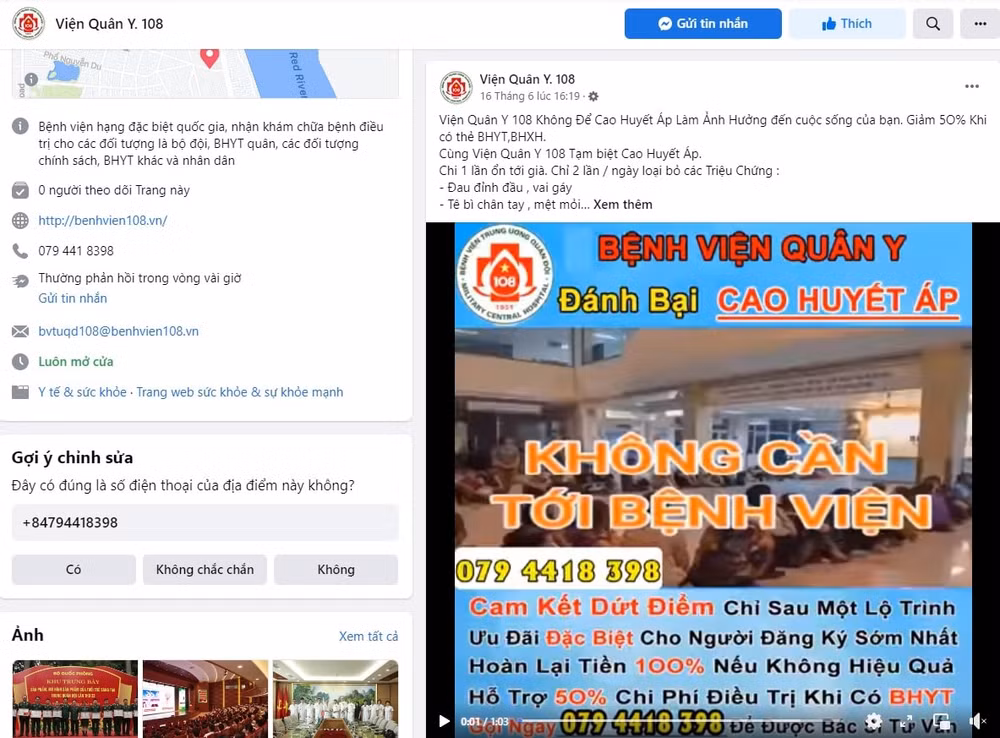 Một trang mạng mạo danh BV 108 rồi đăng tải bài viết, clip để quảng cáo bán thuốc đông y, điều trị bệnh. 