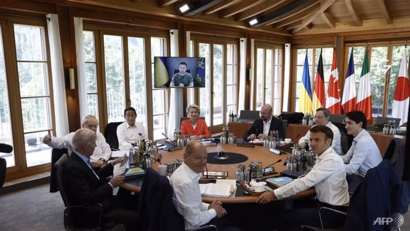 Ông Zelenskyy phát biểu trước lãnh đạo nhóm G7. Ảnh: AFP