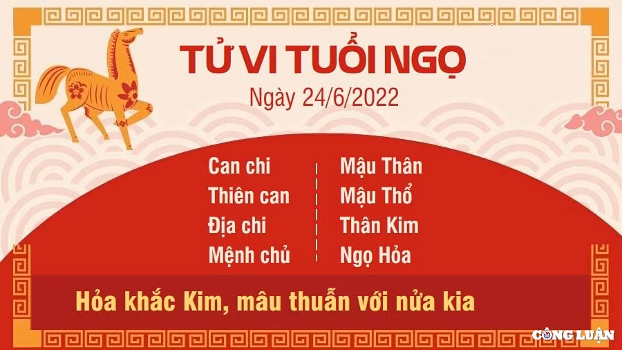 Tử vi tuổi Ngọ 24/6/2022: Hỏa khắc Kim, người tuổi Ngọ dễ nảy sinh bất đồng, mâu thuẫn với người mình yêu. Hai bạn chẳng có nhiều thời gian dành cho nhau, mà ai cũng đã quá mệt mỏi vì công việc nên chẳng còn muốn xuống nước dỗ dành. Khoảng thời gian này, người độc thân còn nhiều mối quan tâm khác nên không mấy để ý đến chuyện yêu đương nam nữ. Chính vì thế mà dù có người giới thiệu đối tượng cho con giáp này thì bạn cũng vẫn dửng dưng.