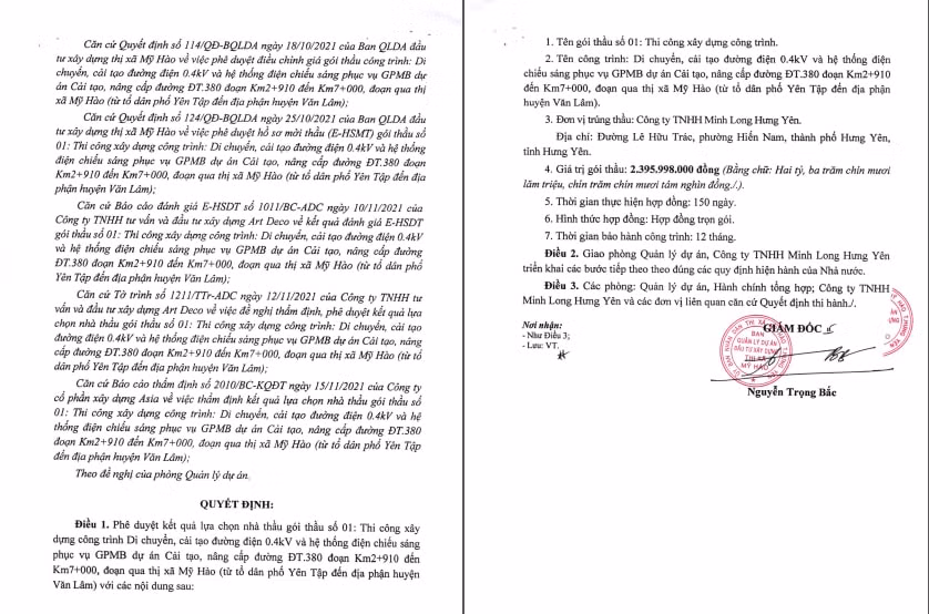 Quyết định trúng thầu do ông Nguyễn Trọng Bắc, Giám đốc Ban QLDA ĐTXD thị xã Mỹ Hào phê duyệt cho Công ty TNHH Minh Long Hưng Yên.
