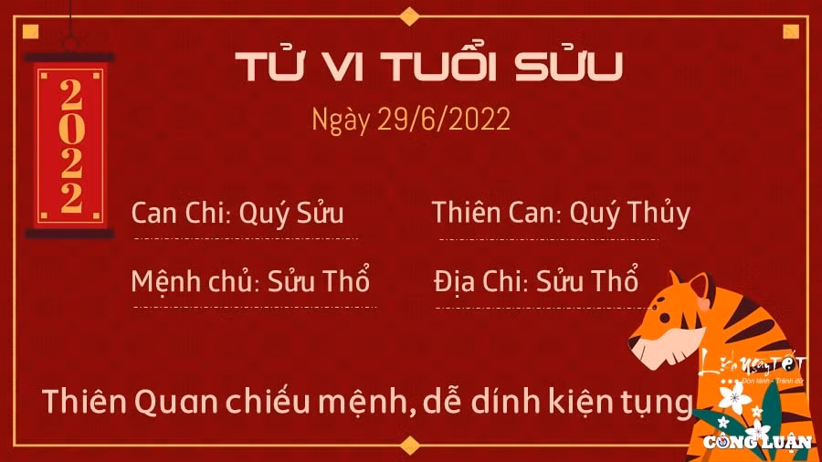 Tử vi tuổi Sửu hôm nay: ngày hôm nay của Sửu có Thiên Quan chiếu mệnh, hy vọng bạn đừng dính tới kiện tụng, pháp luật, chính quyền. Đừng vì cả nể, vì sợ cấp trên mà ôm đồm công việc của người khác trong khi chính bạn đang mệt nhoài và rất cần được nghỉ ngơi.Về phương diện tình cảm, nhờ cục diện hai hành Thổ tương hòa nên người độc thân nên nhân cơ hội này hãy giao lưu nhiều hơn. Thời điểm này với những ai đang hờn giận thì cũng là lúc bạn có thể nhìn nhận và đánh giá lại được mối quan hệ của mình, làm hòa với nửa kia.