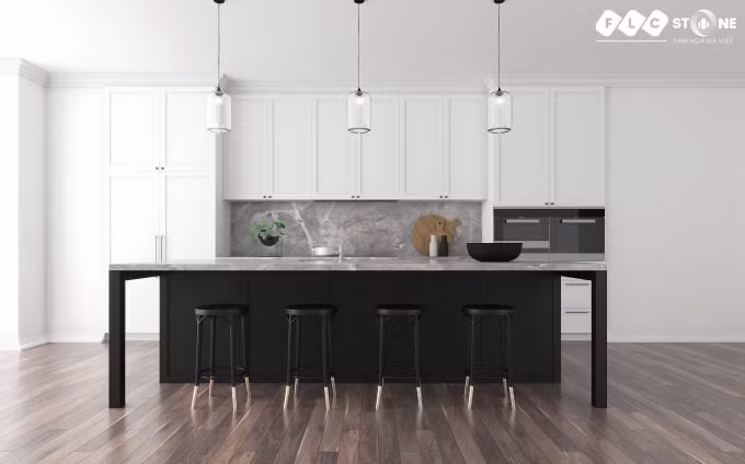 Không gian tối giản với tone màu trung lập của đá marble Light Grey Galaxy của FLC STONE trên tường và bàn bếp