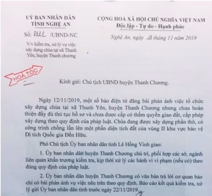 Ý kiến chỉ đạo của UBND tỉnh Nghệ An.