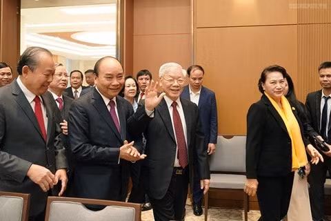 Tổng Bí thư, Chủ tịch nước Nguyễn Phú Trọng; Chủ tịch Quốc hội Nguyễn Thị Kim Ngân; Thường trực Ban Bí thư Trần Quốc Vượng; Chủ tịch Ủy ban Trung ương MTTQ Việt Nam Trần Thanh Mẫn, cùng lãnh đạo nhiều cơ quan Trung ương tham dự hội nghị. Ảnh: VGP