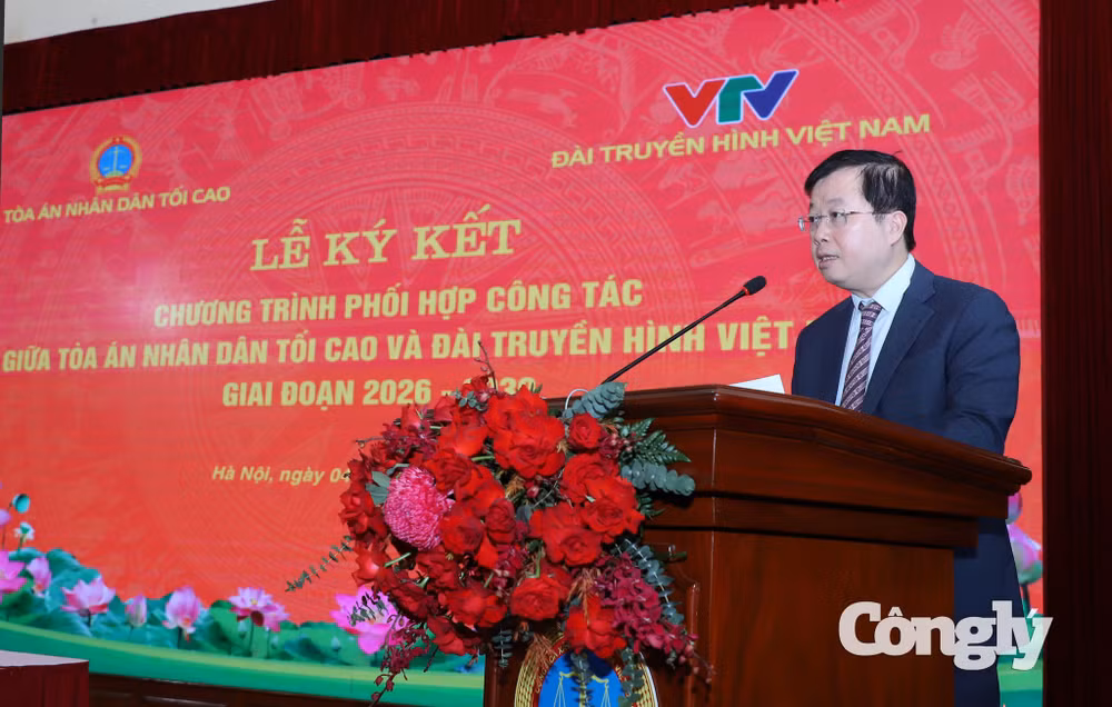 Ủy viên Trung ương Đảng, Phó trưởng Ban Tuyên giáo Trung ương, Tổng Giám đốc Đài Truyền hình Việt Nam Nguyễn Thanh Lâm phát biểu tại Lễ ký kết.