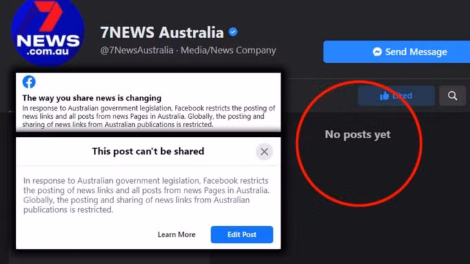 Tờ 7News Australia bị Facebook hạn chế chia sẻ và đăng tải nội dung tin tức. Ảnh: Facebook