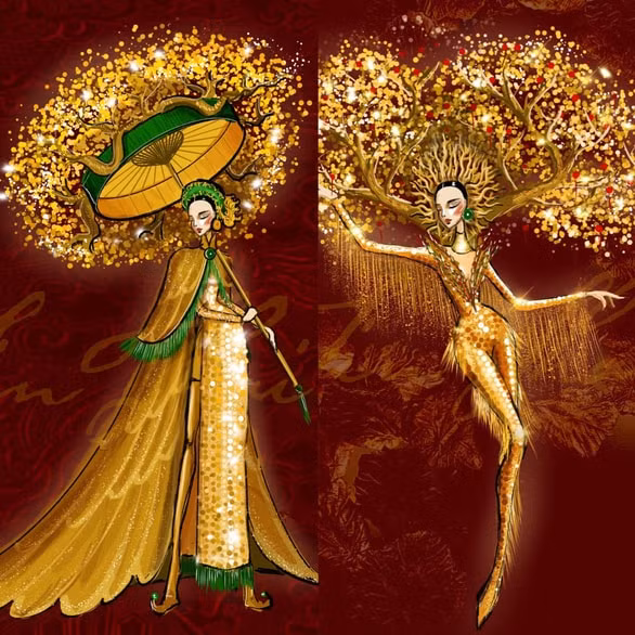 Hai mẫu trang phục ‘Lá ngọc cành vàng’ dành cho Á hậu Ngọc Thảo tham gia cuộc thi Miss Grand International