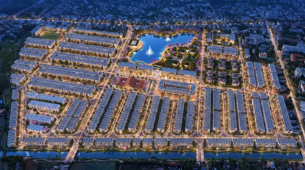 Toàn cảnh quy hoạch đồng bộ, hiện đại của Sao Mai Central Point về đêm.