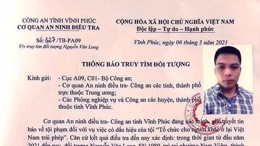 Hình ảnh thông báo truy tìm Nguyễn Văn Long của Công an tỉnh Vĩnh Phúc. Ảnh: vtc.vn