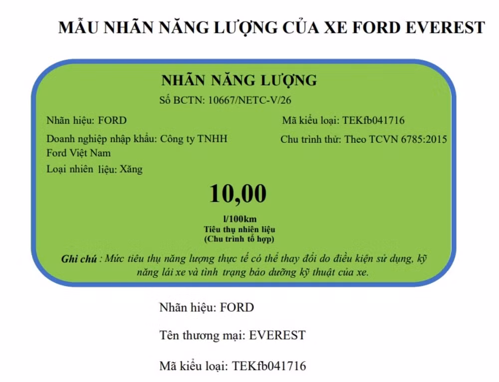 Nhãn năng lượng của mẫu xe Ford Everest 2026 được công bố bởi Cục Đăng kiểm Việt Nam - Ảnh chụp màn hình