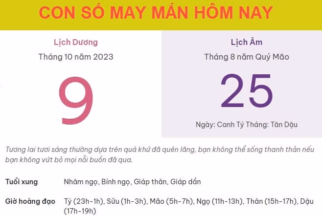 Con số may mắn hôm nay 9/10/2023 thứ 2, ngày 25/8 âm lịch
