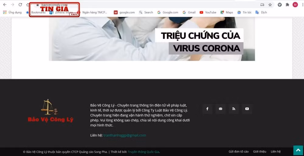 Hai website giả mạo Chuyên trang điện tử Bảo vệ Công lý của Báo Công lý. Ảnh: tingia.gov.vn