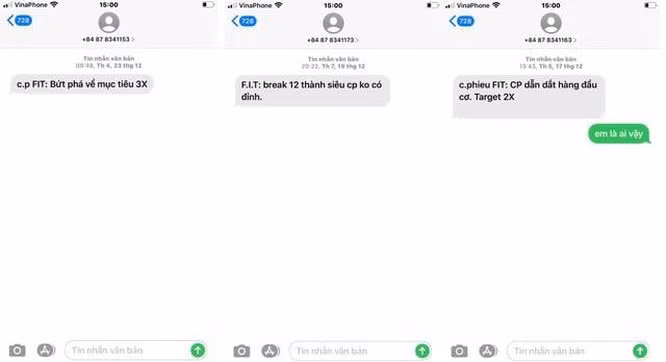 Liên tiếp các số lạ nhắn đến để kích mua cổ phiếu FIT. Nguồn: TL