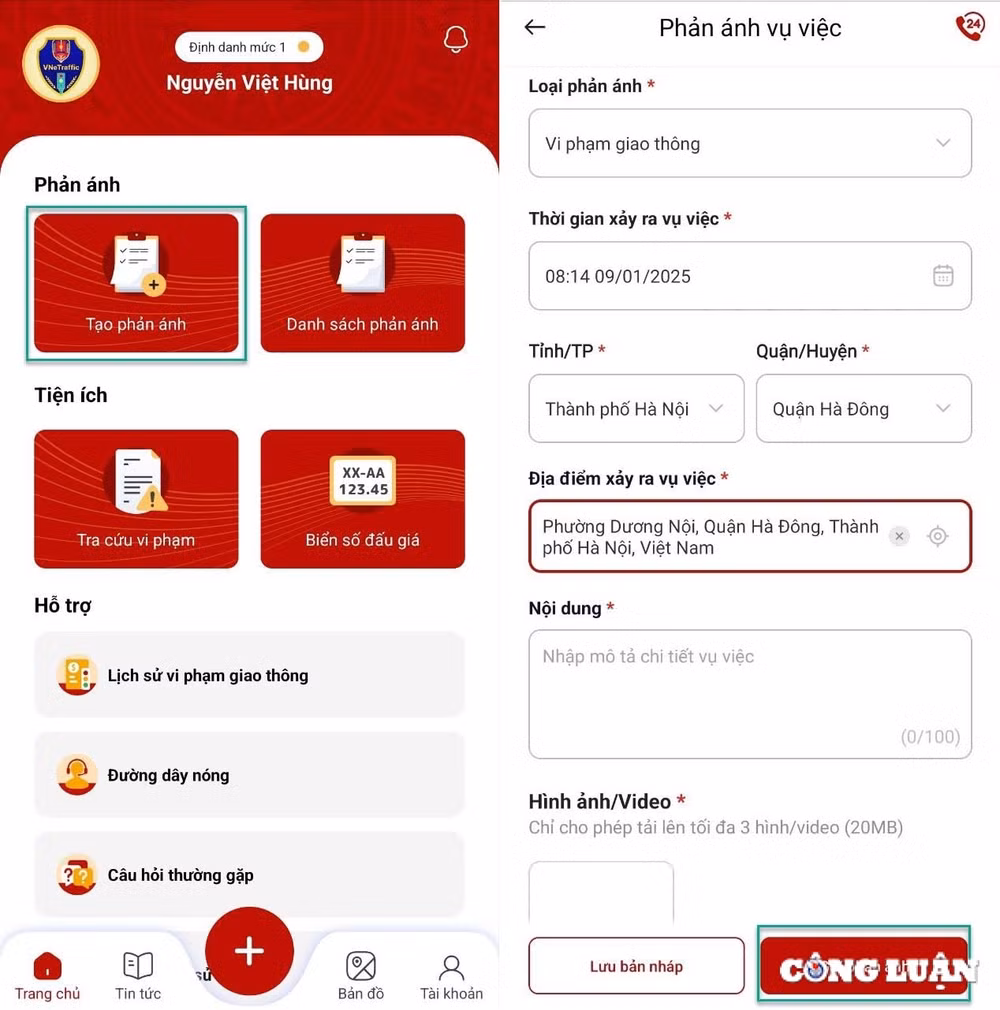 huong dan gui phan anh vi pham giao thong qua ung dung vnetraffic hinh 4