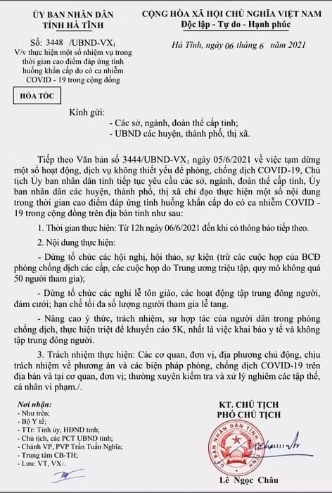 Văn bản hỏa tốc của UBND tỉnh Hà Tĩnh. Ảnh: vov.vn