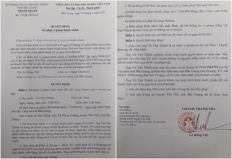 Quyết định xử phạt hành chính của Thanh tra Sở TT-TT tỉnh Bắc Giang đối với hành vi vi phạm trên mạng xã hội của anh Võ Văn Thành. Ảnh: suckhoedoisong.vn