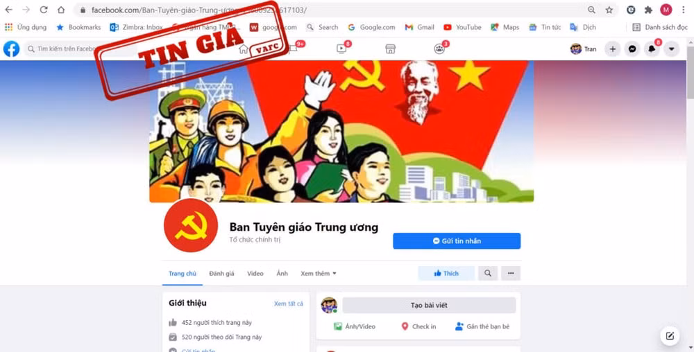 Fanpage trên facebook có tên gọi “Ban Tuyên giáo Trung ương” (hình dưới) giả mạo là fanpage của Ban Tuyên giáo Trung ương. Ảnh: VAFC