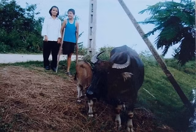 Bức ảnh chụp chị Oanh và Đông cách đây 11 năm. Giờ chân trái của Đông cũng không còn. Trâu, nghé được dự án tặng cũng đã bán để lấy tiền chữa bệnh cho Đông.
