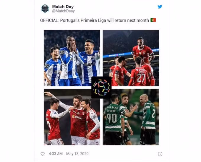 Primeira Liga vừa đưa ra thông báo chính thức về thời gian để tiếp tục tổ chức thi đấu trở lại vào ngày 4/6 tới. Ảnh: twitter