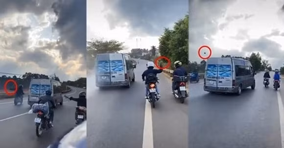 Nhóm ‘phượt thủ’ lao đuổi theo xe khách ném đá trên QL20 gây bức xúc. Ảnh cắt từ clip