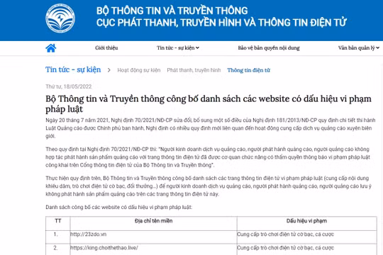 Công bố 25 trang thông tin điện tử có dấu hiệu vi phạm pháp luật