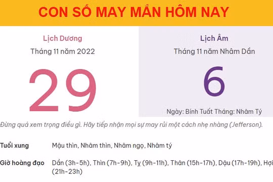 Con số may mắn hôm nay 29/11/2022 thứ 3, ngày 6/11 âm lịch