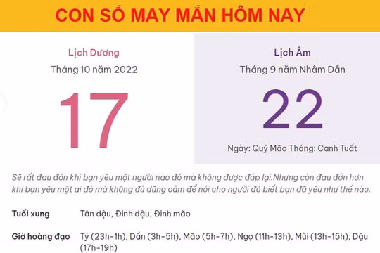 Con số may mắn hôm nay 17/10/2022 thứ 2, ngày 22/9 âm lịch