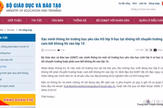 Làm rõ thông tin học lớp 9 có học lực không tốt phải chuyển trường, cam kết không thi vào lớp 10