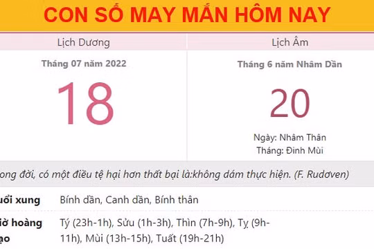 Con số may mắn hôm nay 18/7/2022 thứ 2, ngày 20/6 âm lịch