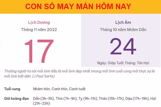 Con số may mắn hôm nay 17/11/2022 thứ 5, ngày 24/10 âm lịch