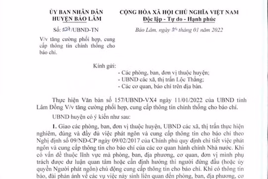 Huyện Bảo Lâm (tỉnh Lâm Đồng) đề nghị nhà báo, phóng viên cần có văn bản khi gặp lãnh đạo huyện