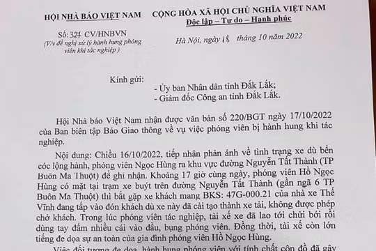 Hội Nhà báo Việt Nam đề nghị khẩn trương điều tra, xử lý thích đáng đối tượng hành hung phóng viên Báo Giao thông