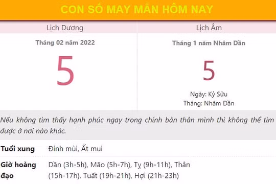 Con số may mắn hôm nay 5/2/2022 thứ 7, ngày 5/1 âm lịch