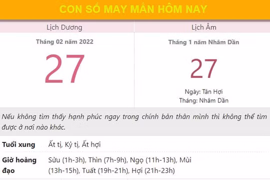 Con số may mắn hôm nay 27/2/2022 Chủ nhật, ngày 27/1 âm lịch