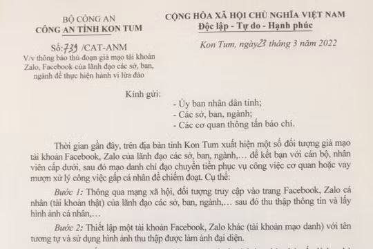 Kon Tum: Giả Facebook, Zalo lãnh đạo tỉnh để lừa đảo, chuyển tiền