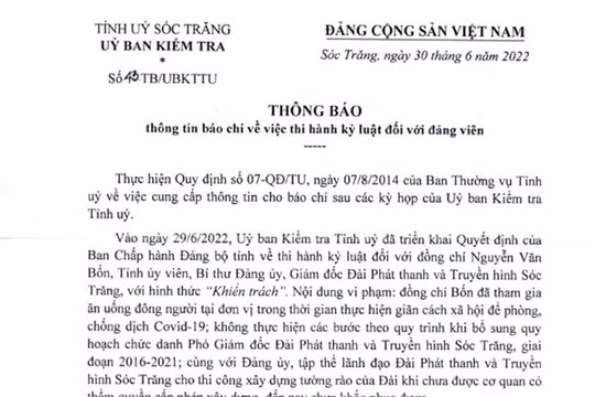 Thi hành kỷ luật Giám đốc Đài Phát thanh và Truyền hình Sóc Trăng