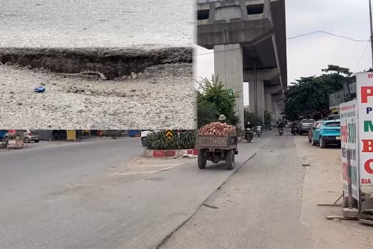 Mặt đường trước bến xe Yên Nghĩa sụt lún, nguy cơ tai nạn rất cao