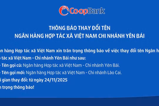 THÔNG BÁO THAY ĐỔI TÊN NGÂN HÀNG HỢP TÁC XÃ VIỆT NAM CHI NHÁNH YÊN BÁI