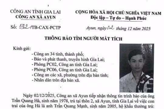 Gia Lai: Truy tìm nam sinh mất liên lạc với gia đình gần 2 tháng