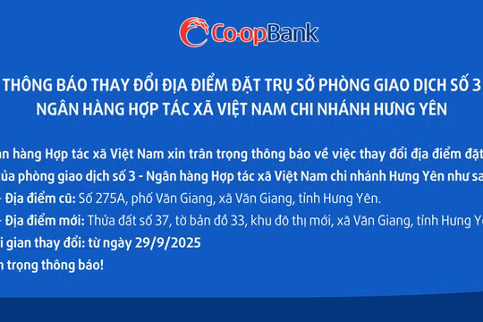 Co-opBank thông báo thay đổi địa điểm đặt trụ sở của phòng giao dịch
