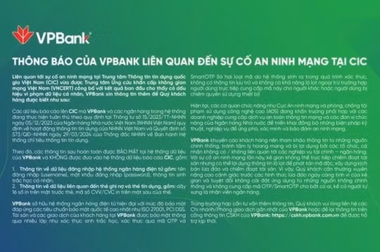 Thông báo của VPBank liên quan đến sự cố an ninh mạng tại CIC