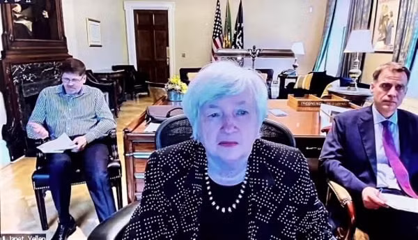Bộ trưởng Tài chính Hoa Kỳ Janet Yellen tại buổi làm việc trực tuyến
